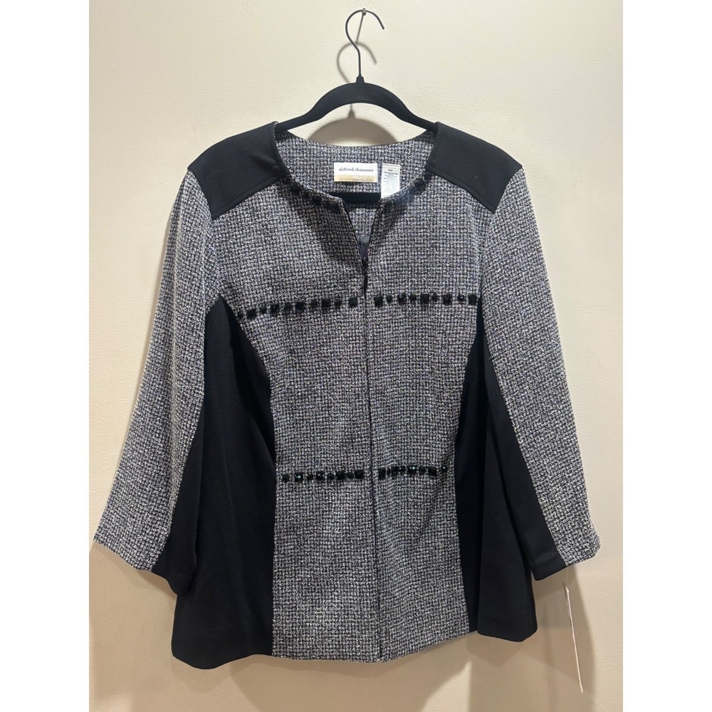 Alfred Dunner Woman 16W Oscar Night Jacket Black White Tweed Beaded Zip Church